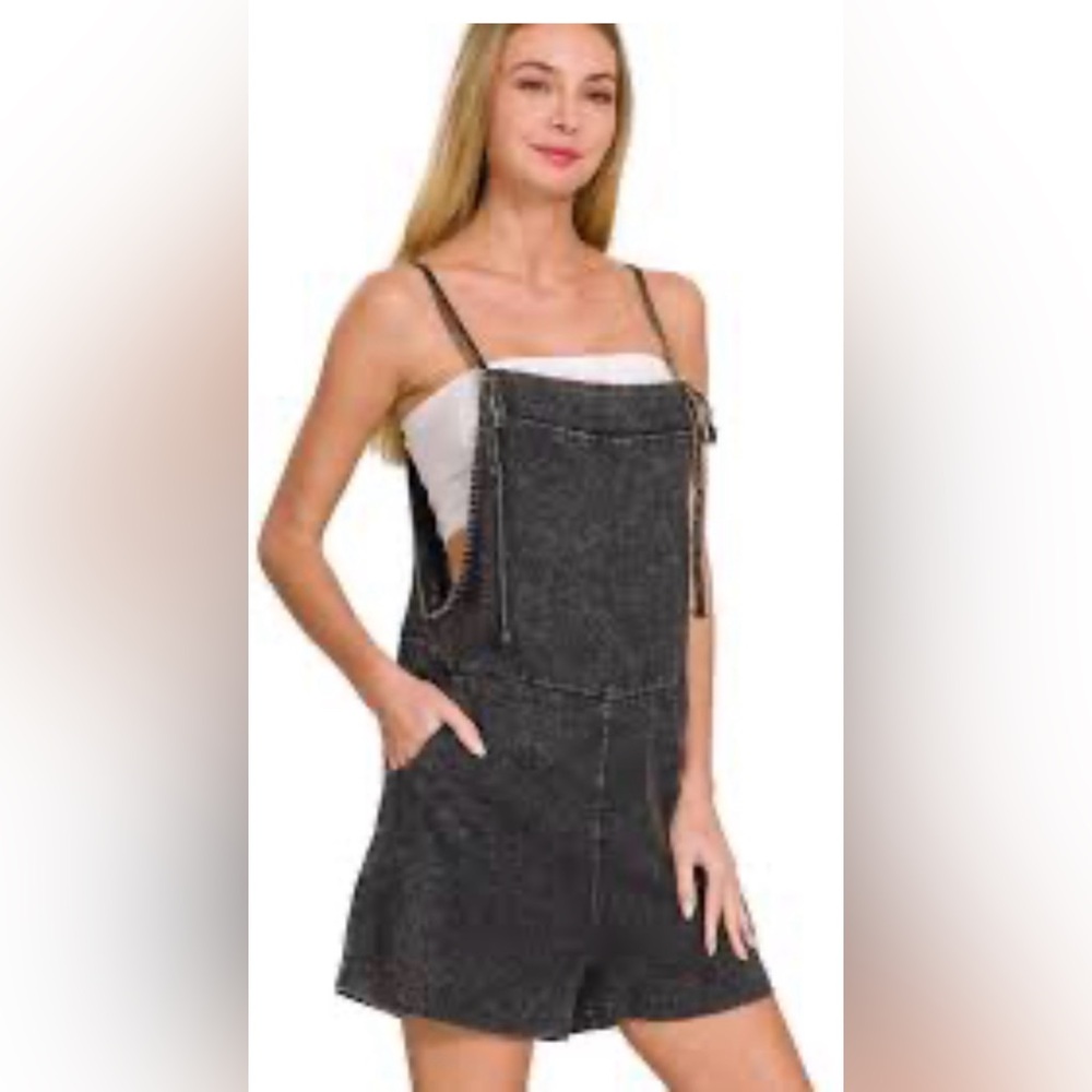 Washed Black Strappy knot Linen Romper by Zenana